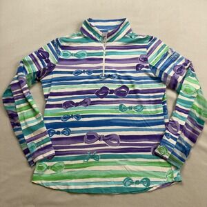 IBKUL Womens Blue Purple Striped Bow Print Quarter Zip Sun Shirt Troon North M